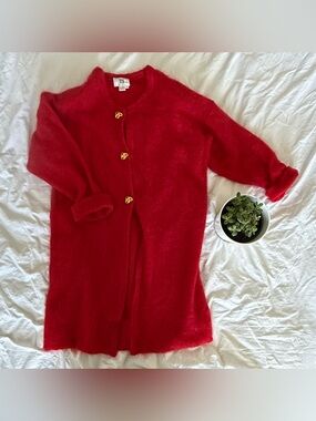 Anne Klein Red Fuzzy Long Cardigan Jacket with Gold Knot Buttons, Size Medium
